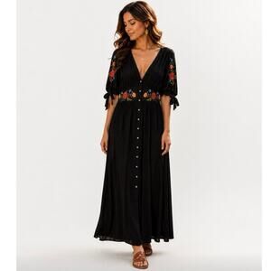 ASOS Black Embroidered Floral Maxi Dress Button Front Boho Festival US 6